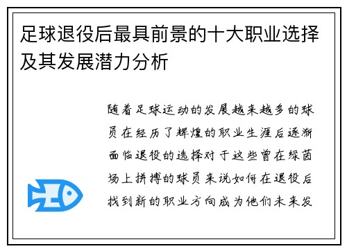 足球退役后最具前景的十大职业选择及其发展潜力分析 足球退役后最具前景的十大职业选择及其发展潜力分析