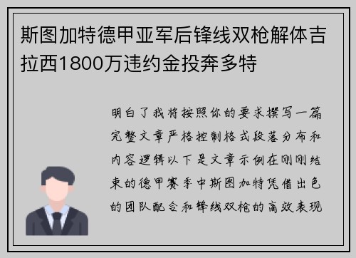 斯图加特德甲亚军后锋线双枪解体吉拉西1800万违约金投奔多特